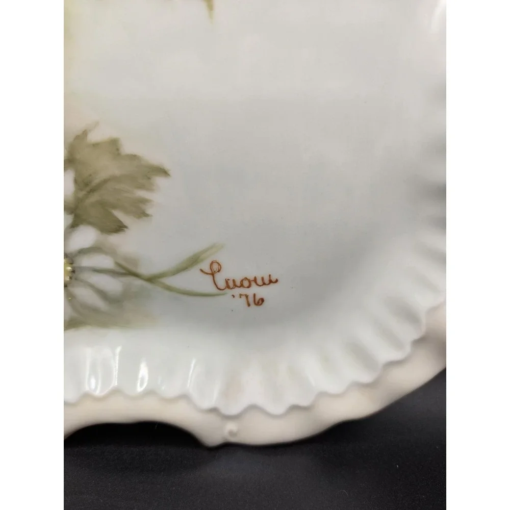 Antique Porcelain Tray Trimmed In Gold Tone, Hand Painted Daisy Scolloped Rim